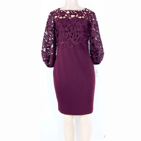 RALPH LAUREN Plum Wine Puff Sleeve Lace Top Pencil Dress Hidden Zipper Sz 4 NWT - Picture 6 of 7
